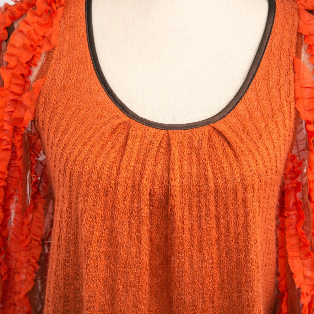 Boho sheer cutout balloon sleeve top 3/4 length sleeve rust orange Ryu S fall - Picture 4 of 10